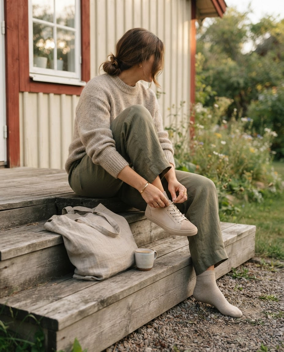 Kvinna sitter på trätrappan till ett sommarhus och tar på sig beige sneakers