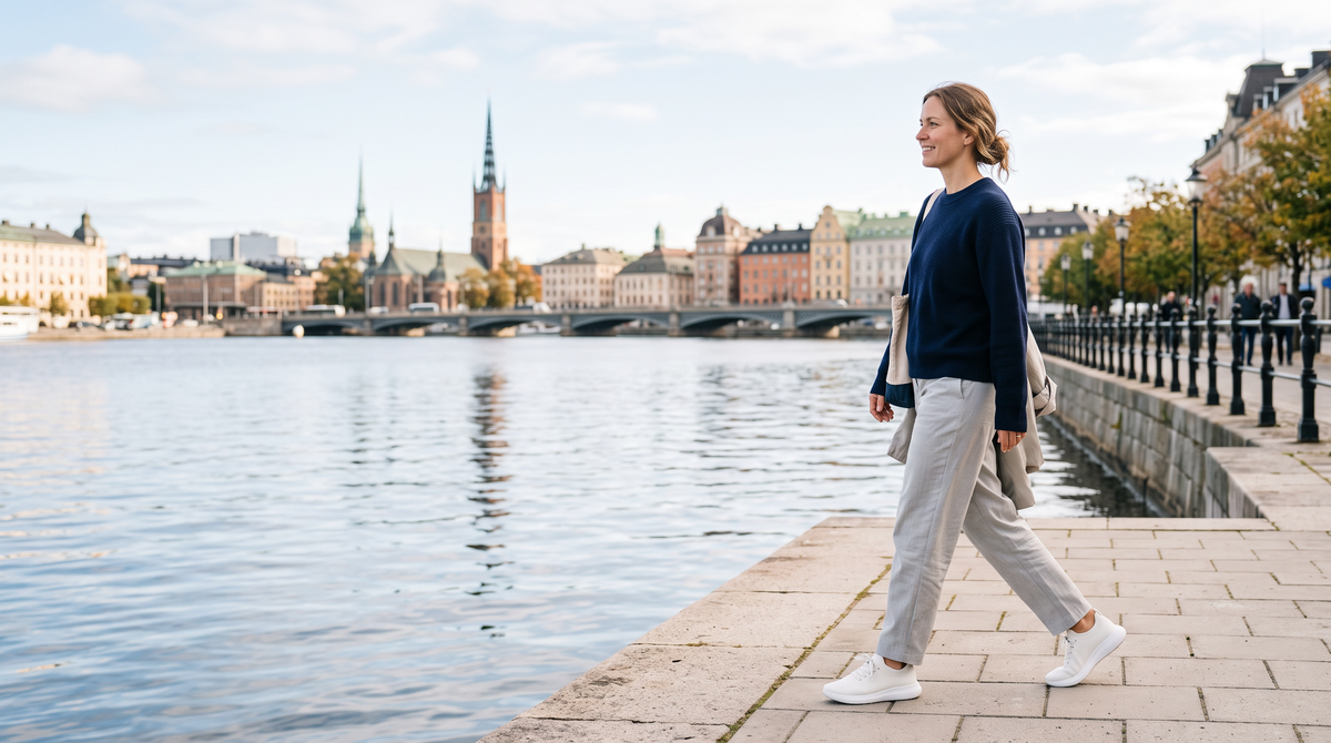 Kvinna promenerar längs vattnet i Stockholm i vita bekväma sneakers